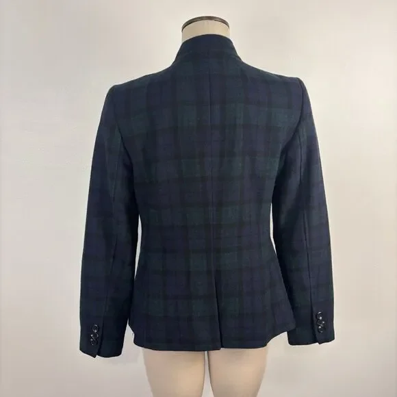 Talbots Factory Womans 8 Black Watch Tartan Navy Blue Plaid Wool Blend Blazer - Picture 3 of 7